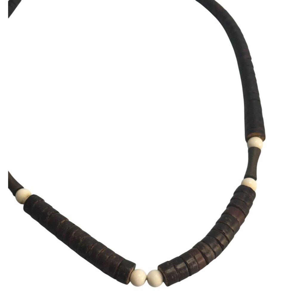 Heshi Style Wood Beads Tribal Folk Art Necklace Brown White 17 Inch Vintage - Picture 3 of 5
